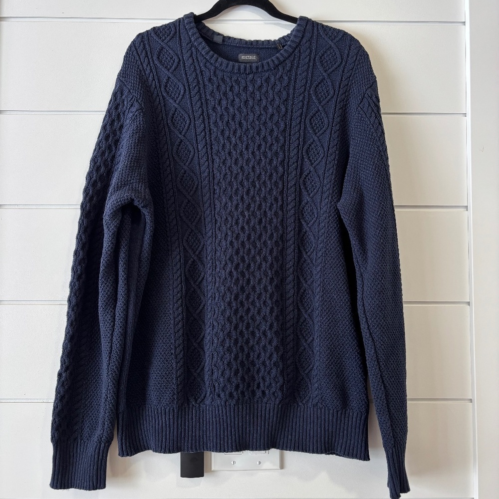 Buffalo David Bitton men's 100% cotton navy crew neck cable knit sweater sz XXL